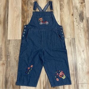 Vintage Agapo Womens Floral Embroidered Blue Cropped Denim Overalls Size 1X